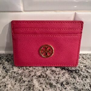 Tory Burch Vibrant Pink Card Holder with Gold Logo